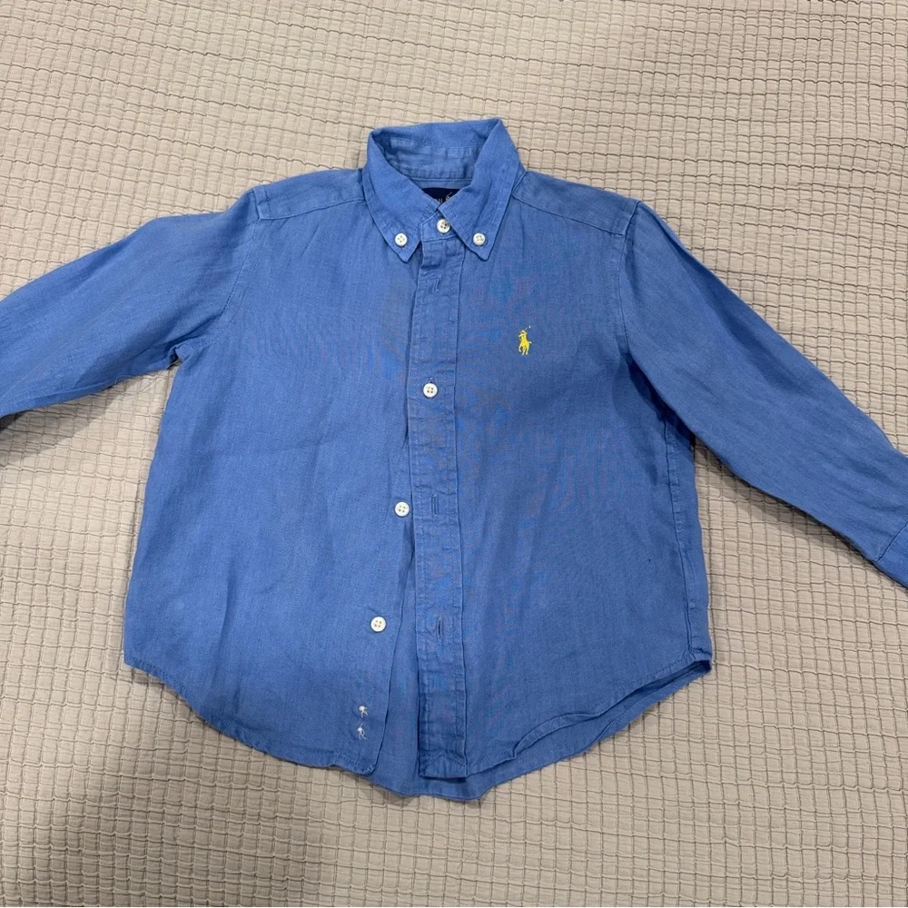 Ralph Lauren Boys Blue Button-Down Shirt with Yellow Pony Logo